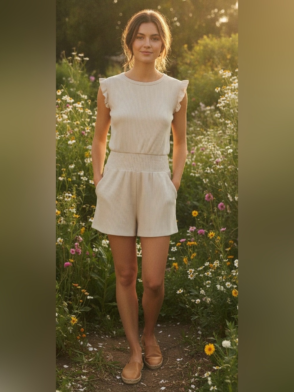 Chaser NWT Ribbed Cream Flutter Sleeve Romper Shorts Pockets Size S